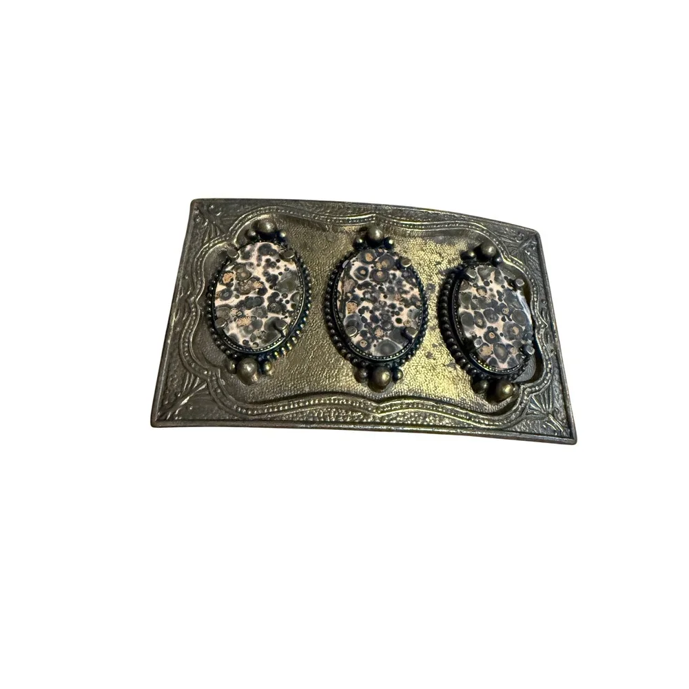 Vintage Style Brass Leopard Skin Jasper 3 Stone Western Belt Buckle Rectangle